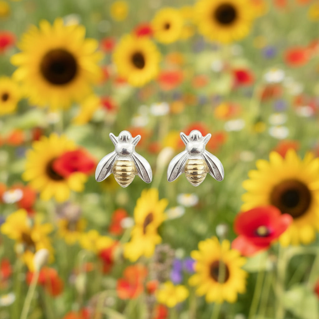 Silver Bee Earrings with a Touch of Gold