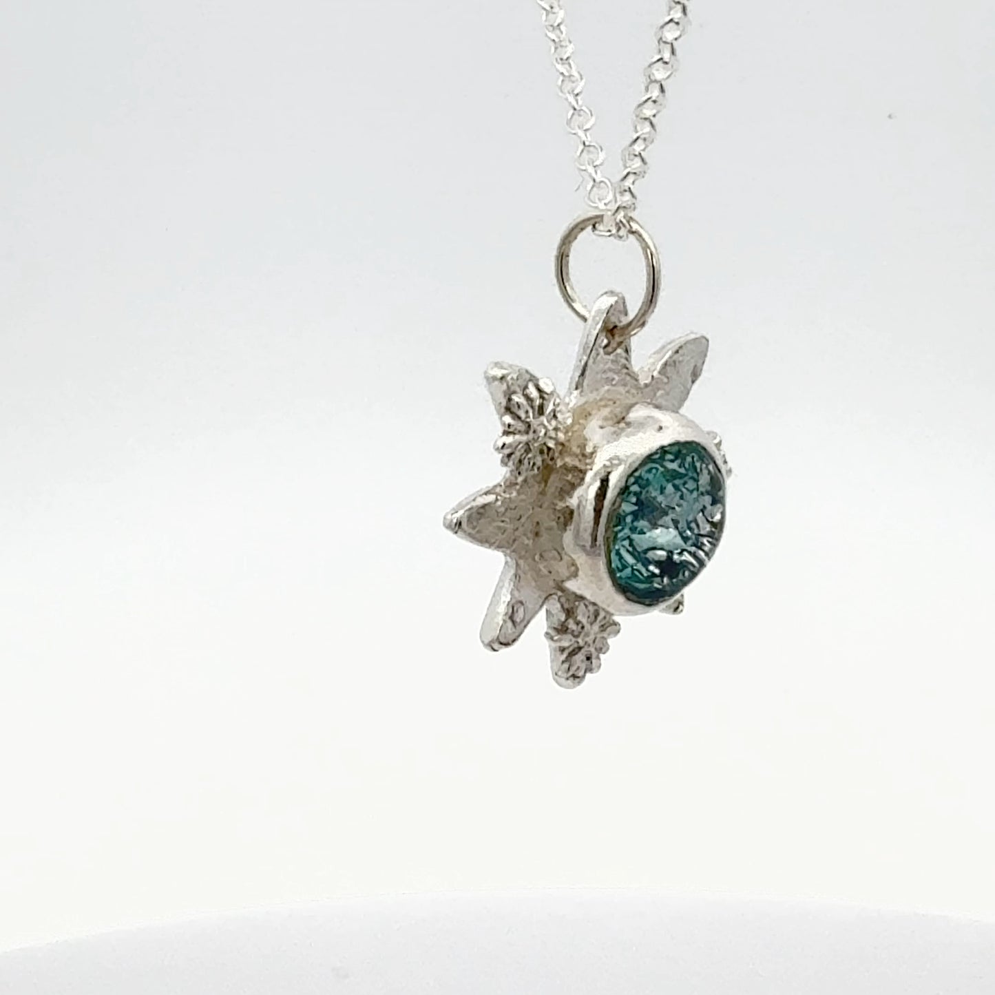 Silver Star with Silvery Blue Dichroic Cabochon Necklace