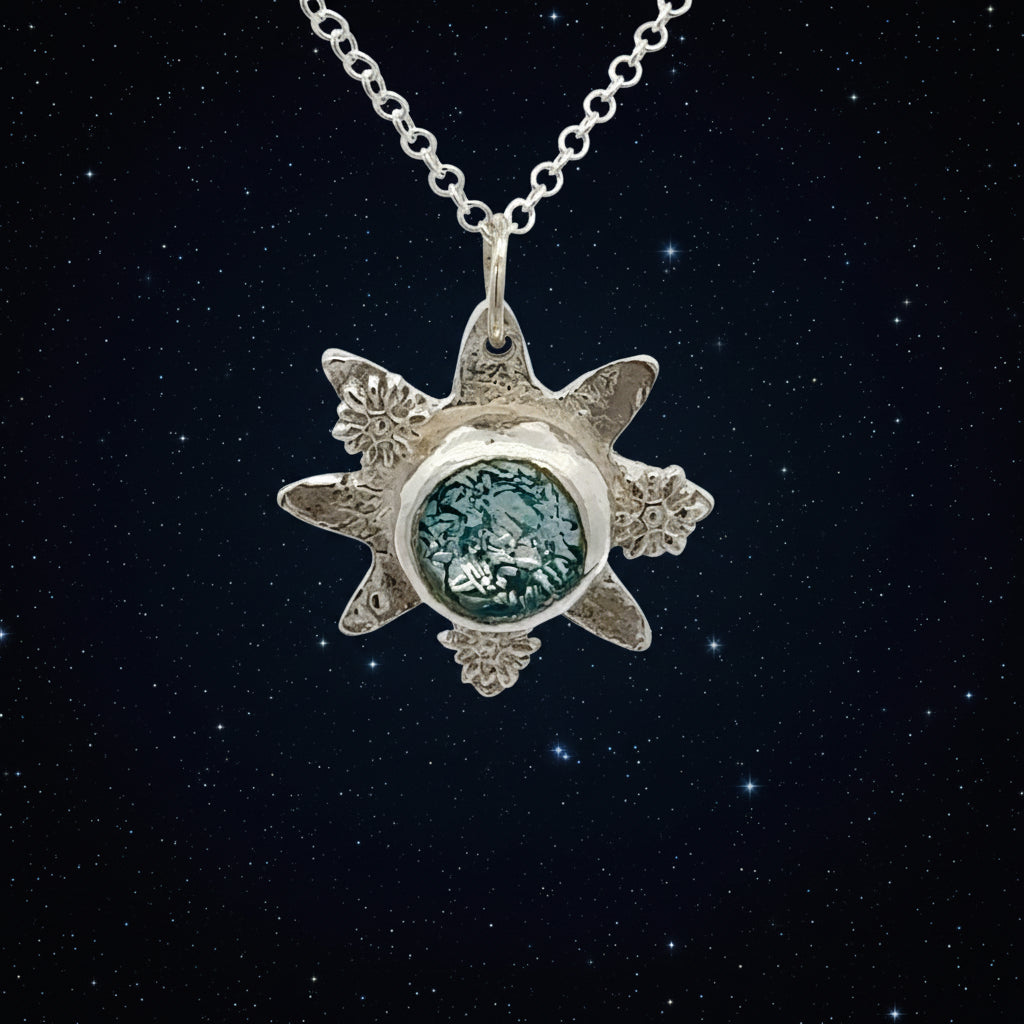 Silver Star with Silvery Blue Dichroic Cabochon Necklace